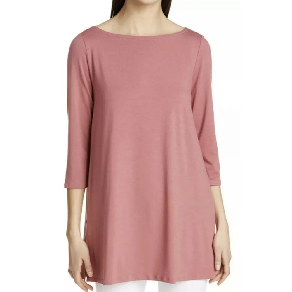 Eileen Fisher Tencel Lyocell Bateau Neck 3/4 Sleeve Tunic Top Pink XS